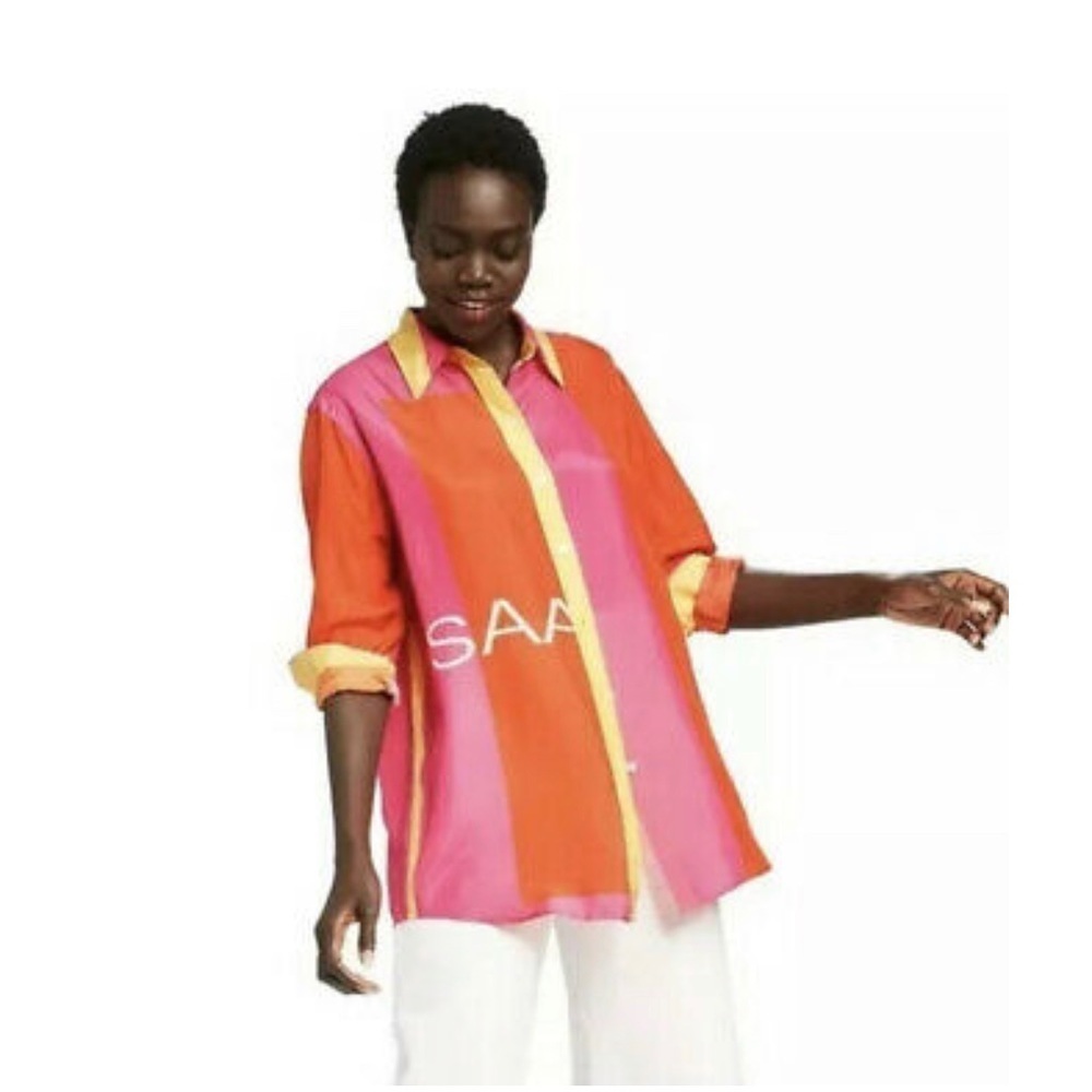 Isaac Mizrahi for Target Colorblock  Silk Button Up Long Sleeves Shirt